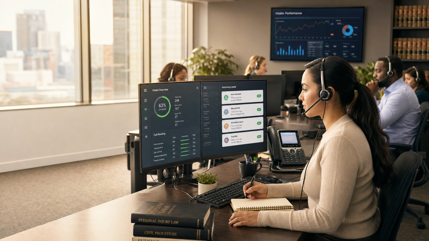 Legal intake professionals helping callers with case reviews